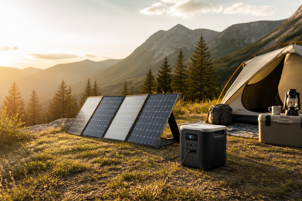 Portable power station with solar panels at campsite