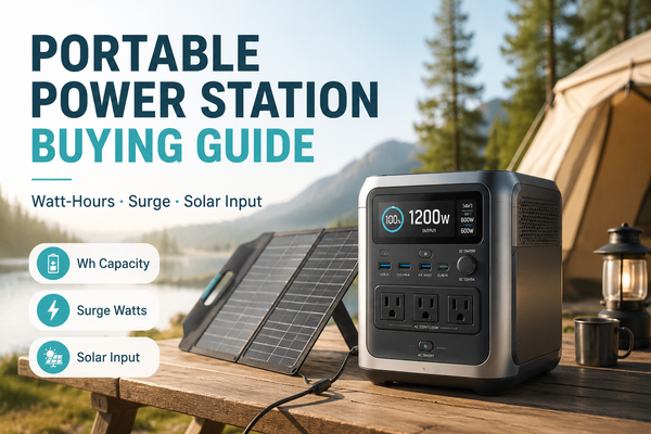 Portable power station buying guide cover: modern battery unit with LCD, foldable solar panel, camping scene with Wh/Surge/Solar specs