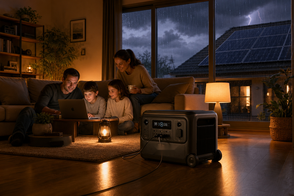 Family using a portable power station during a storm outage, solar panels outside, warm safe living room.