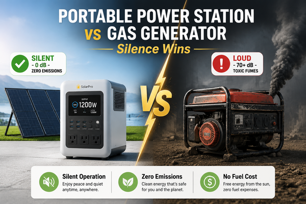 Portable power station vs gas generator: white power station with LCD and solar panel vs smoky red generator, golden VS badge, Silence Wins.