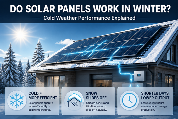 Winter solar panel cover: rooftop panels in snow under sun, energy flow, three callouts: cold efficiency, snow slides off, shorter days.