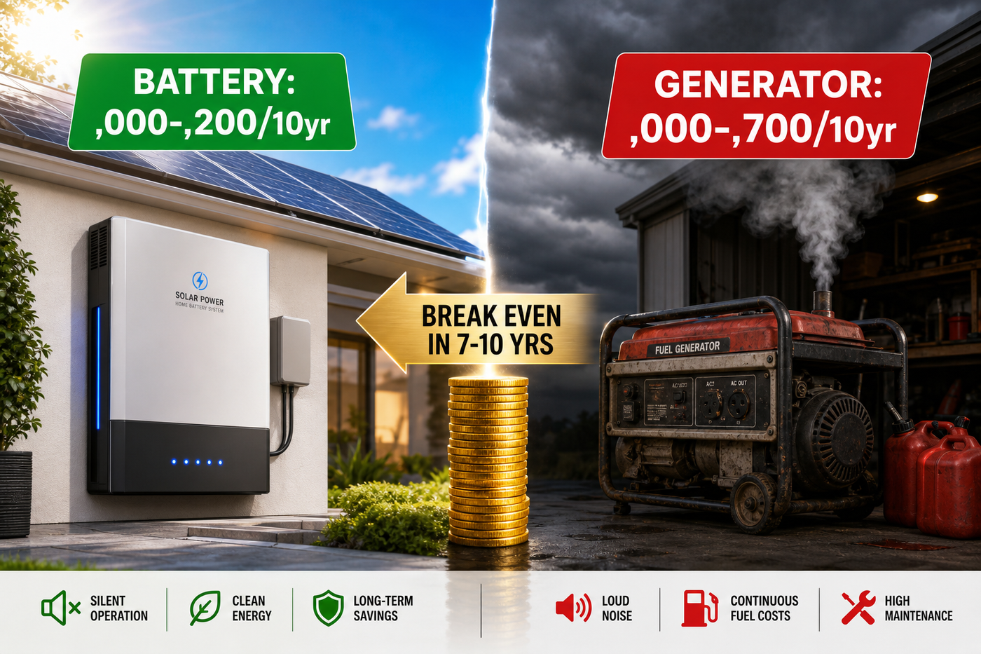 Solar Battery vs Generator: The Honest 10-Year Cost Comparison