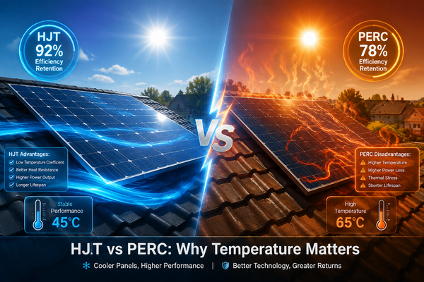 HJT vs PERC solar panel temperature comparison: HJT retains 92 percent efficiency at 45C versus PERC 78 percent at 65C