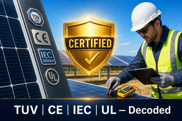 Solar panel certification marks TUV, CE, IEC, UL with certified shield and technician inspection