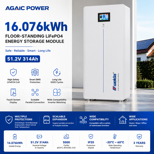 AGAIC 16.07kWh Battery HZF-51.2-314-SA — Side Profile Showing Floor Stand