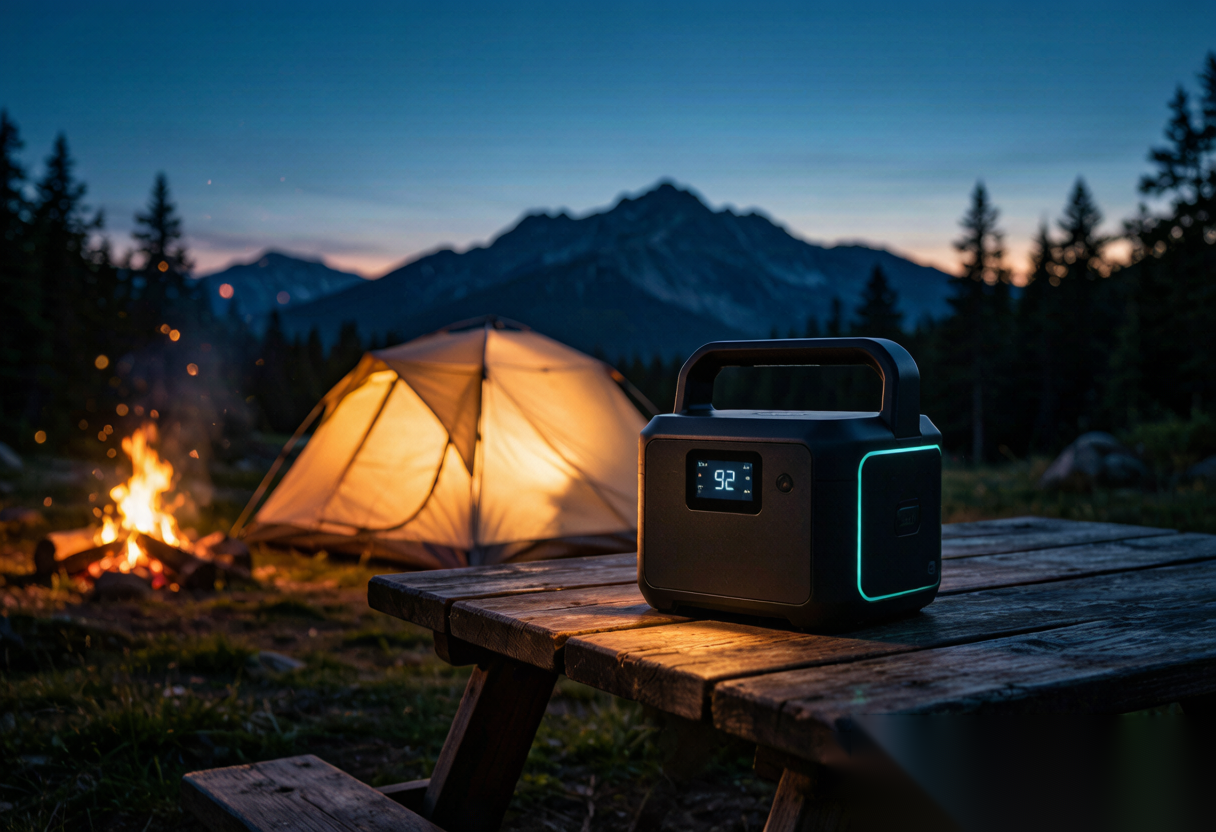 AGAIC portable power station running gear at a campsite at night